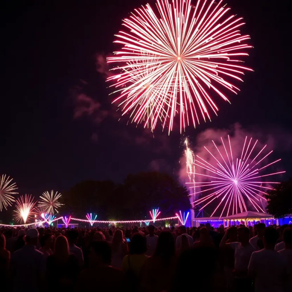 Crowd celebrating New Year's Eve in Florida with fireworks
