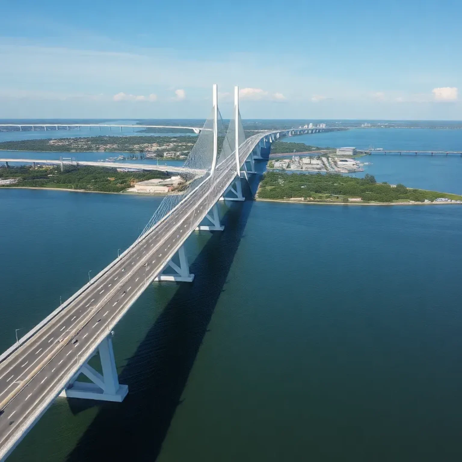 Aerial view of the newly constructed Howard Frankland Bridge in St. Petersburg, Florida.