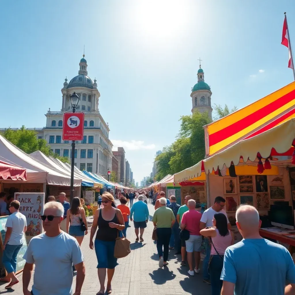 Outdoor festival in St. Petersburg featuring art, music, and crowd enjoying activities