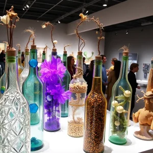 Artistic interpretations of bottles in the gallery at Florida CraftArt.
