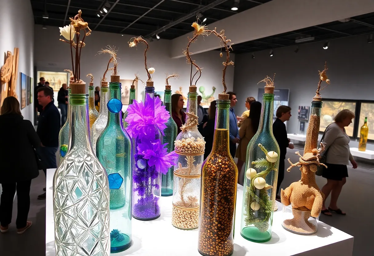 Artistic interpretations of bottles in the gallery at Florida CraftArt.