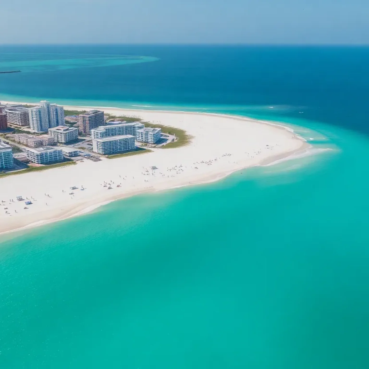 Aerial view of Clearwater Beach with people enjoying the beach.