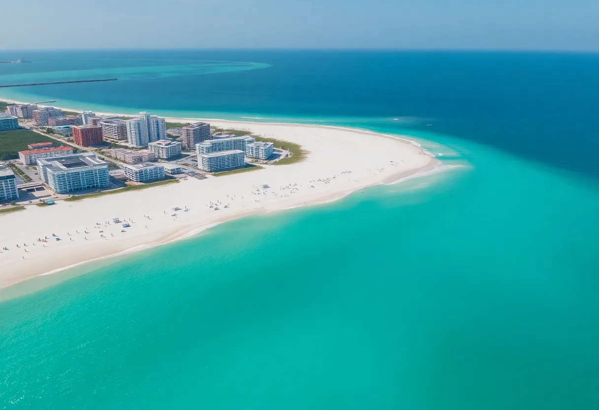 Aerial view of Clearwater Beach with people enjoying the beach.