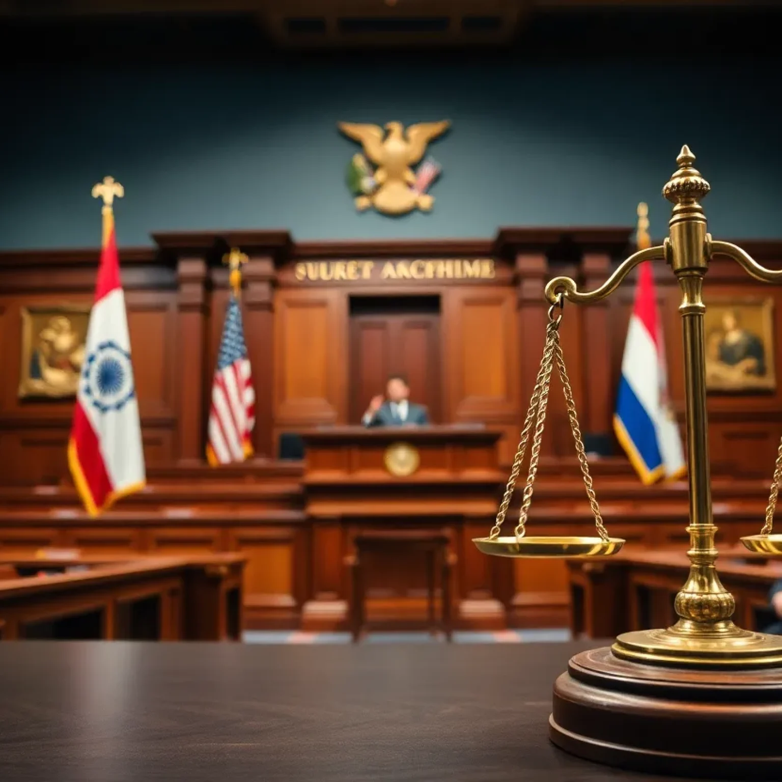 Courtroom scene symbolizing justice in politics