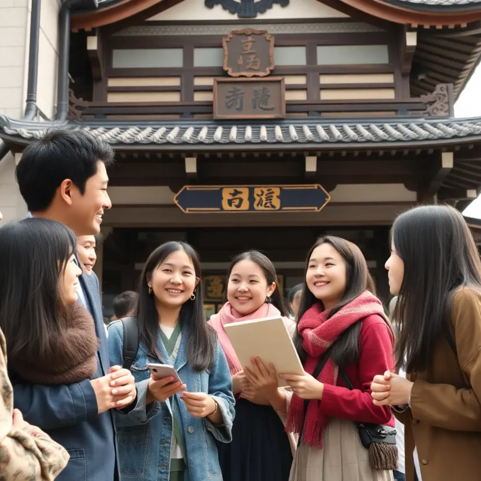 Students participating in a cultural exchange program with Japanese architecture in the background.
