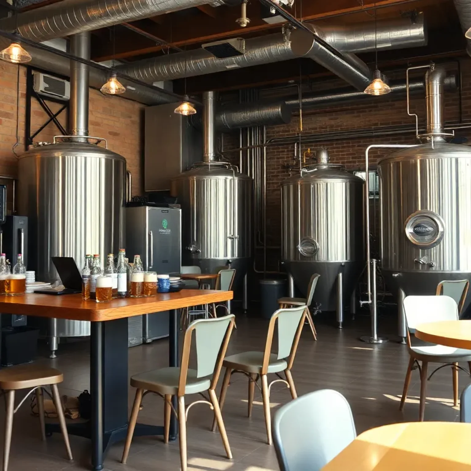 Interior of Cycle Brewing taproom showing empty tables and brewing equipment as it closes down.
