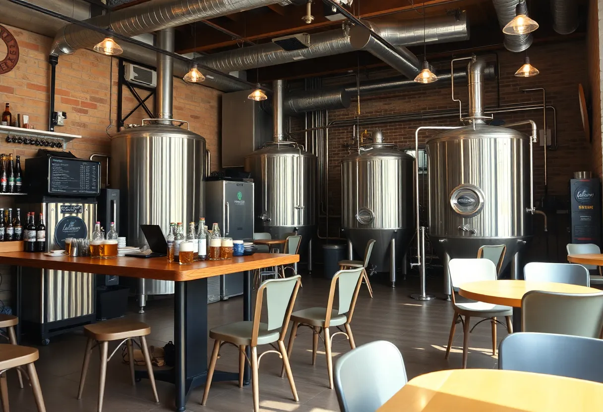 Interior of Cycle Brewing taproom showing empty tables and brewing equipment as it closes down.