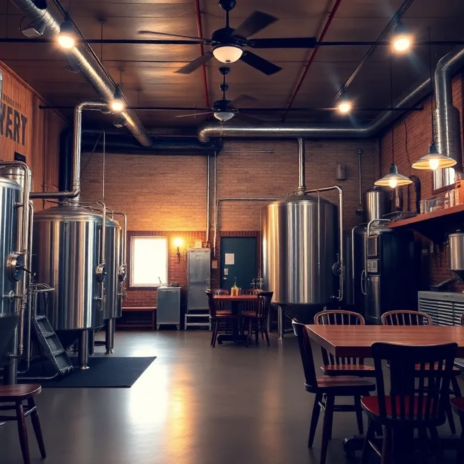 Interior view of Cycle Brewing, showcasing brewing equipment and seating area.