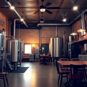 Interior view of Cycle Brewing, showcasing brewing equipment and seating area.