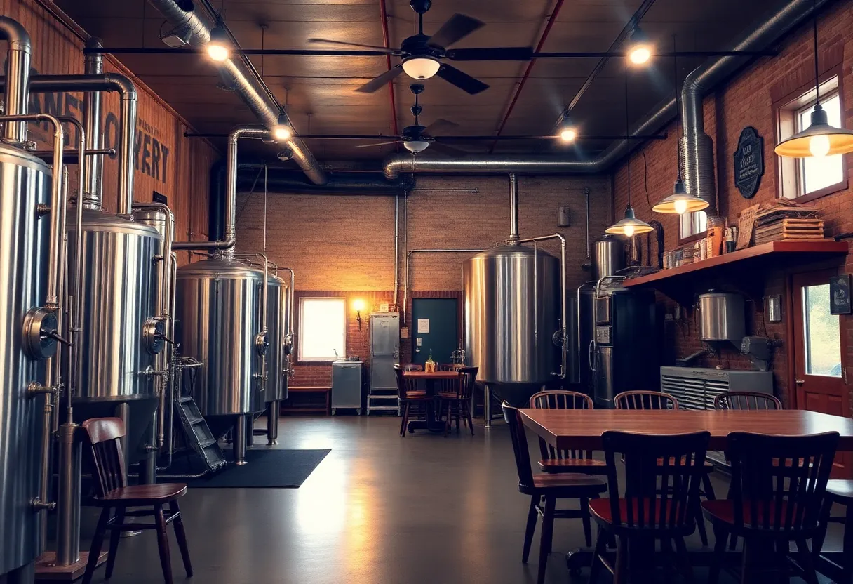 Interior view of Cycle Brewing, showcasing brewing equipment and seating area.