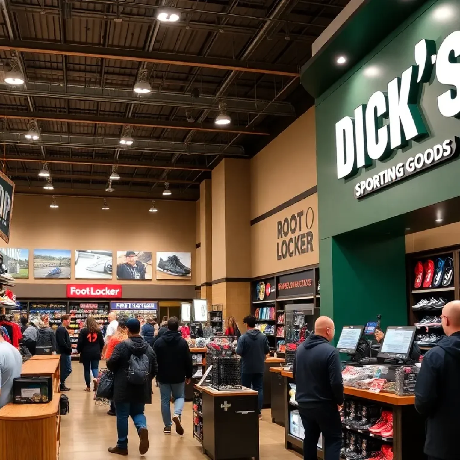 A busy Dick's Sporting Goods store with customers shopping.