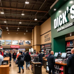 A busy Dick's Sporting Goods store with customers shopping.