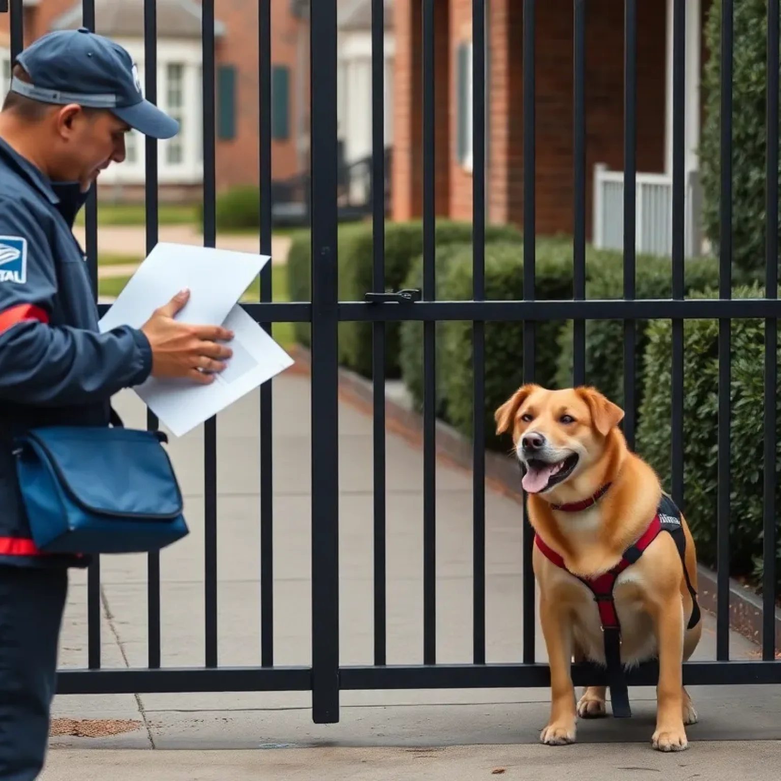 Postal worker watching a friendly dog behind a gate