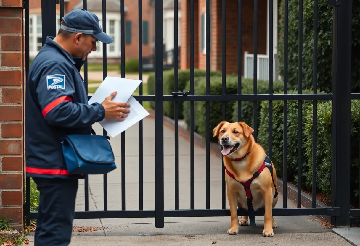 Postal worker watching a friendly dog behind a gate