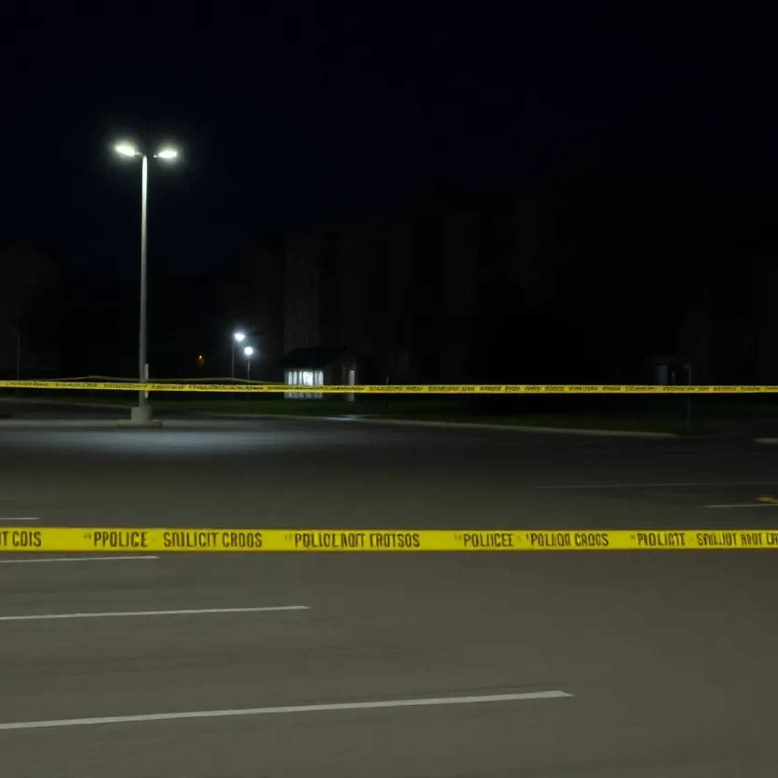 Parking lot with police tape indicating a crime scene