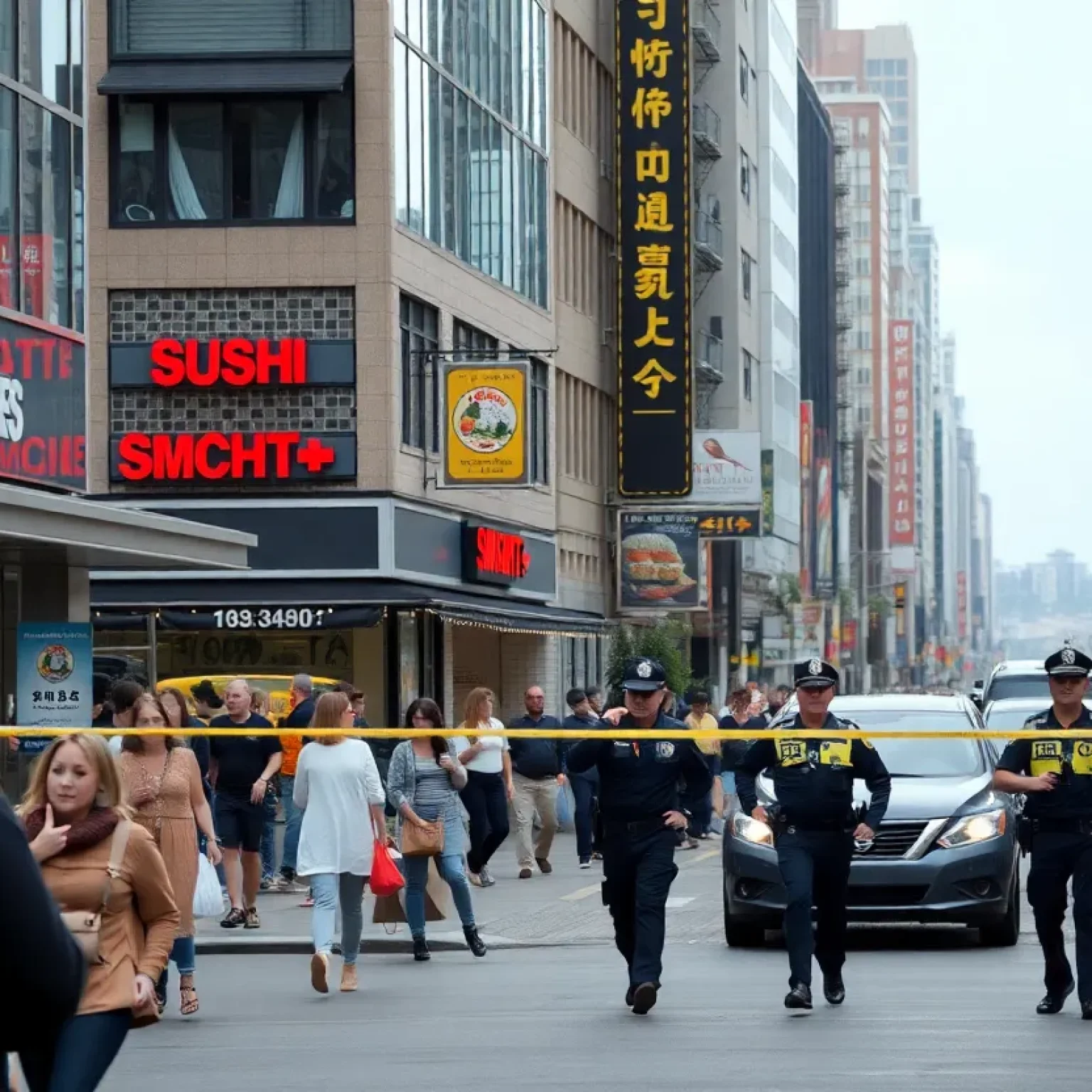 Scene of a busy downtown area in St. Petersburg with police presence and a sushi restaurant in view.