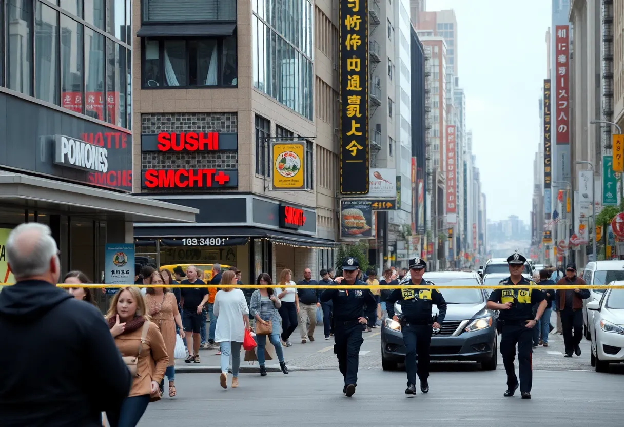 Scene of a busy downtown area in St. Petersburg with police presence and a sushi restaurant in view.