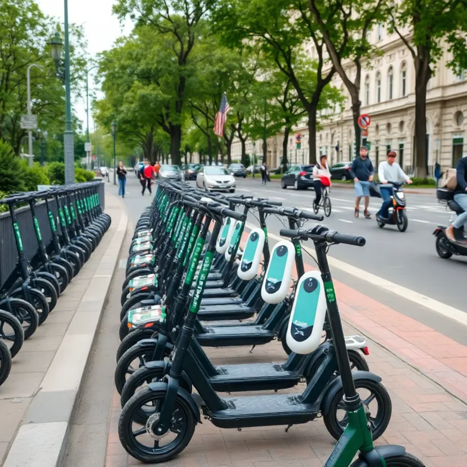 Electric scooters parked in St. Petersburg city center