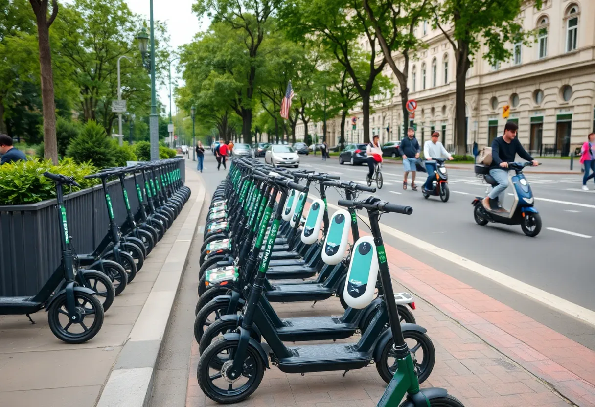 Electric scooters parked in St. Petersburg city center