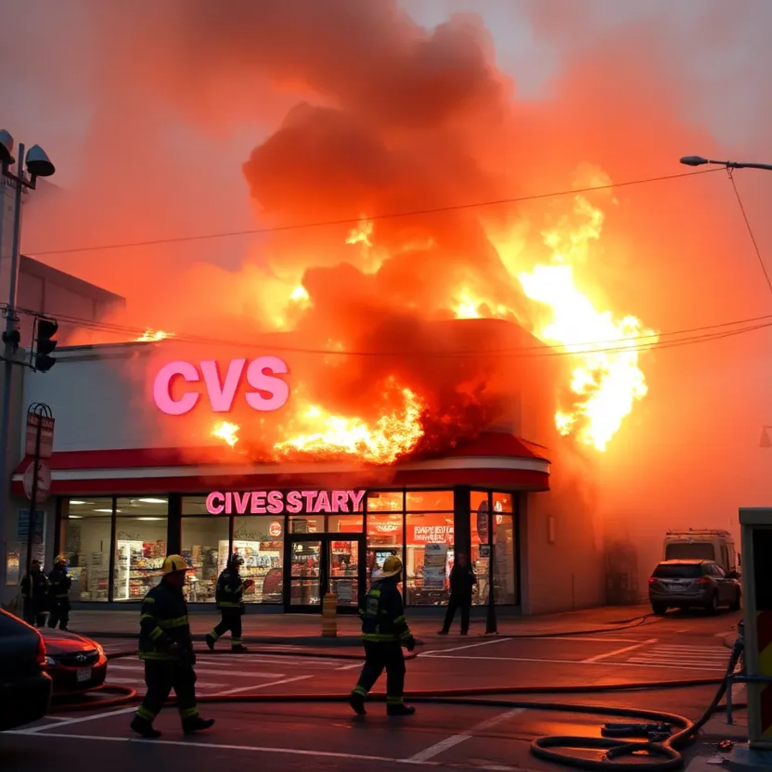 Firefighters extinguishing flames at CVS Pharmacy in St. Pete Beach
