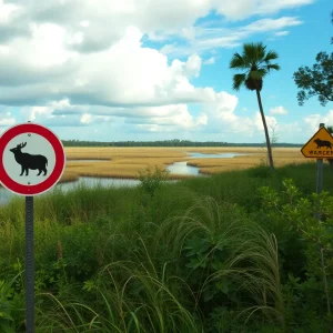 Florida Landscape with Wildlife Caution Sign