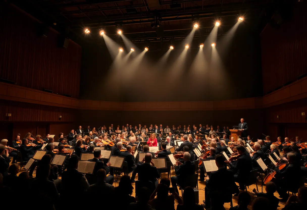 Concert performance by the Florida Orchestra featuring a large ensemble with musicians playing various instruments.