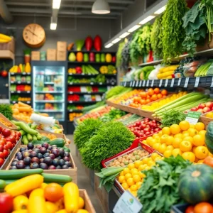Fresh fruits and vegetables at a grocery store