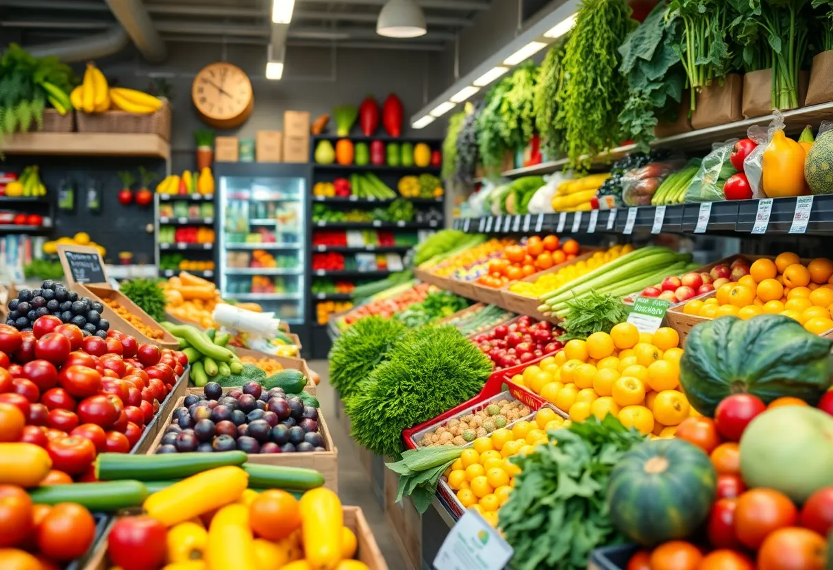 Fresh fruits and vegetables at a grocery store