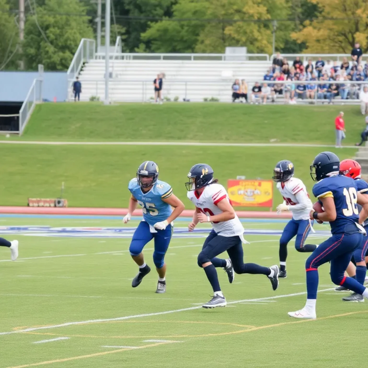 Players from different high school football teams competing in a jamboree.