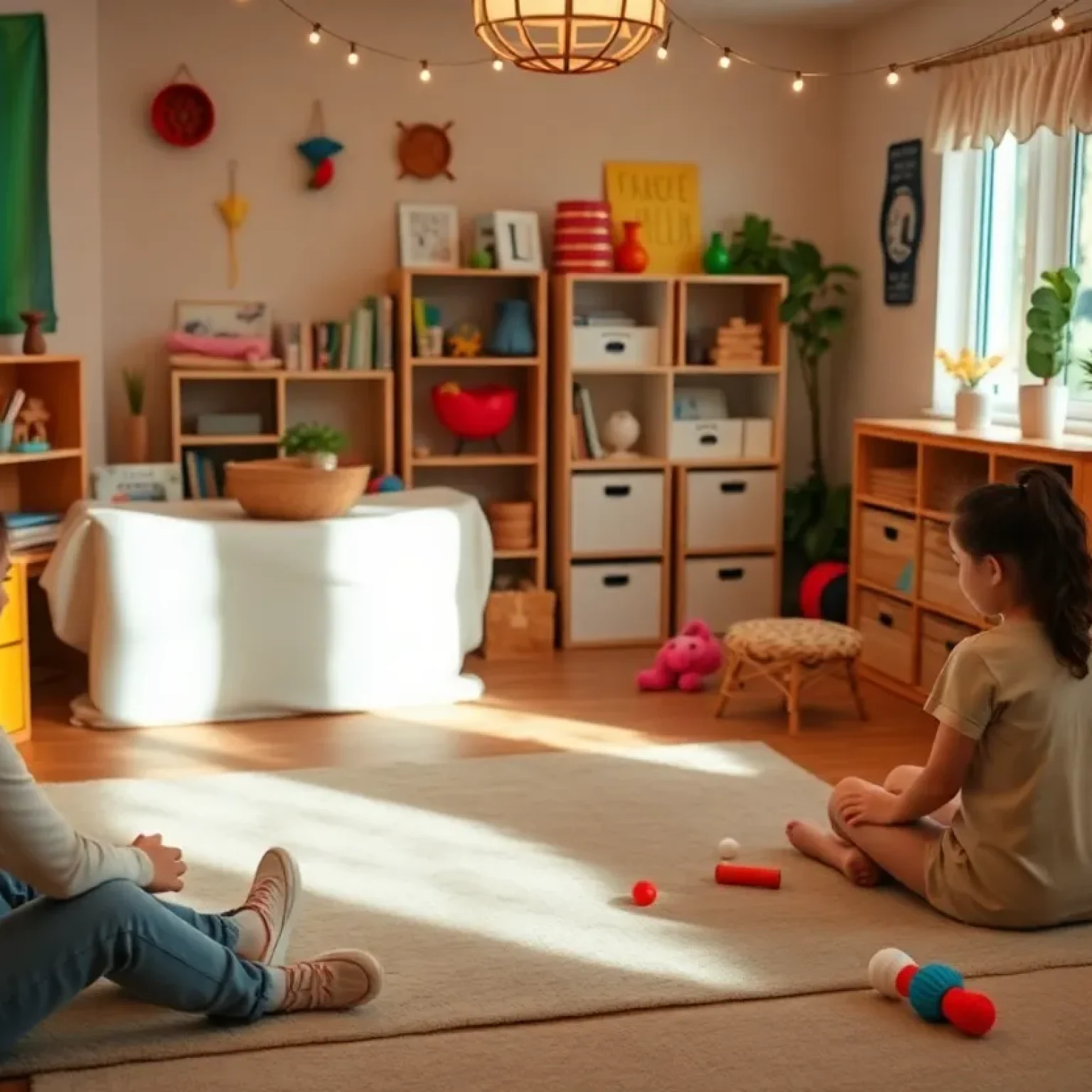 Therapy room designed for inclusivity and comfort with calming colors and sensory-friendly tools.