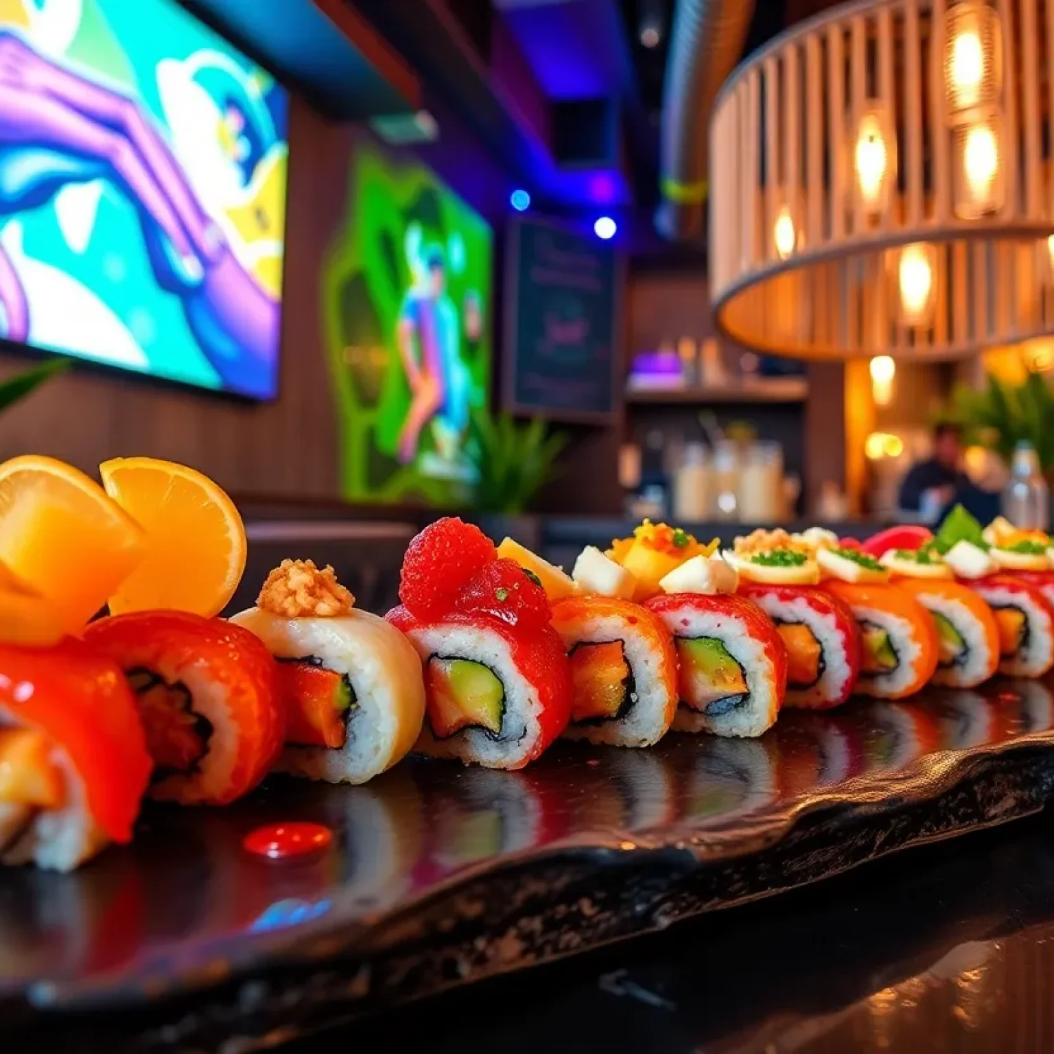 Interior of Isu Nikkei sushi lounge with sushi and small plates served