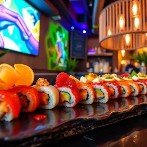 Interior of Isu Nikkei sushi lounge with sushi and small plates served