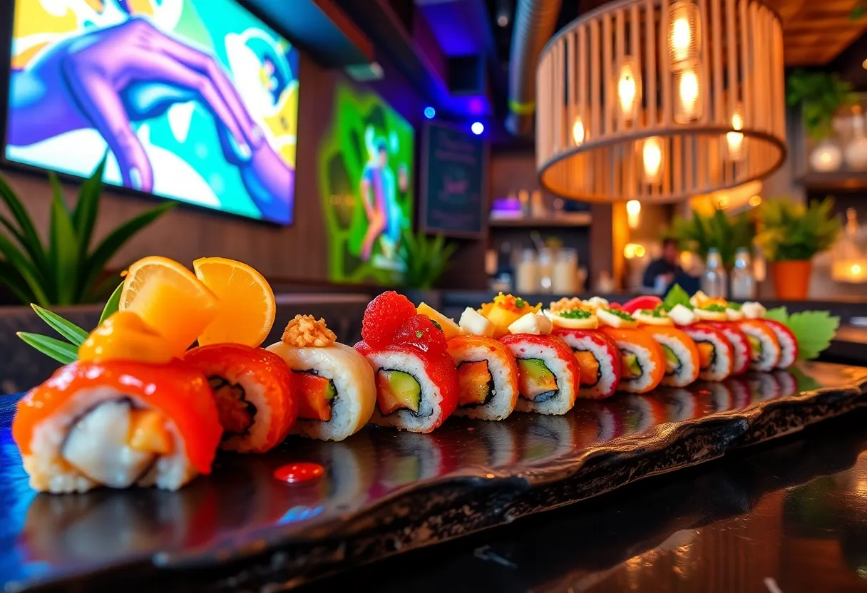 Interior of Isu Nikkei sushi lounge with sushi and small plates served