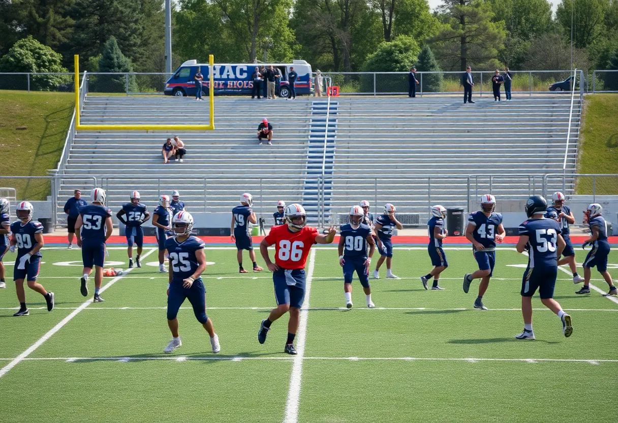 Football players practicing on a high school field
