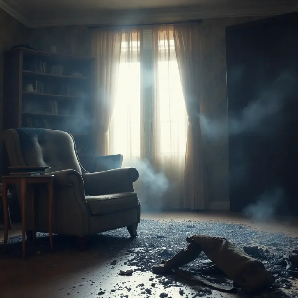 A burned easy chair in an apartment showing signs of fire damage