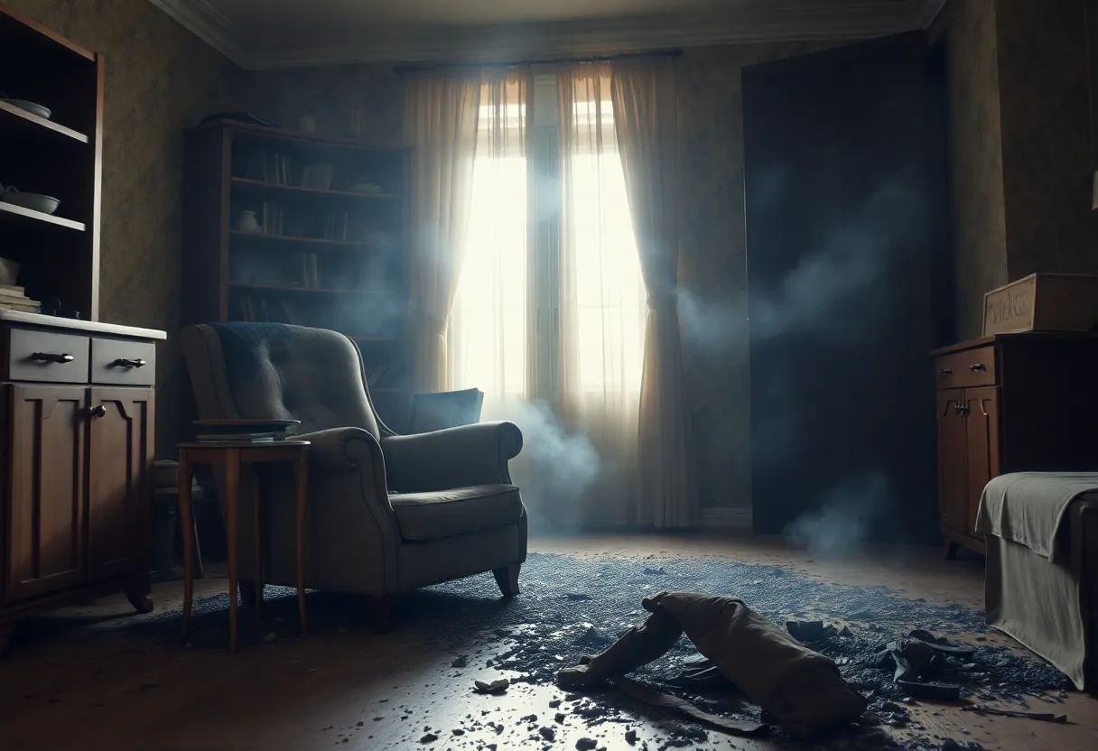 A burned easy chair in an apartment showing signs of fire damage