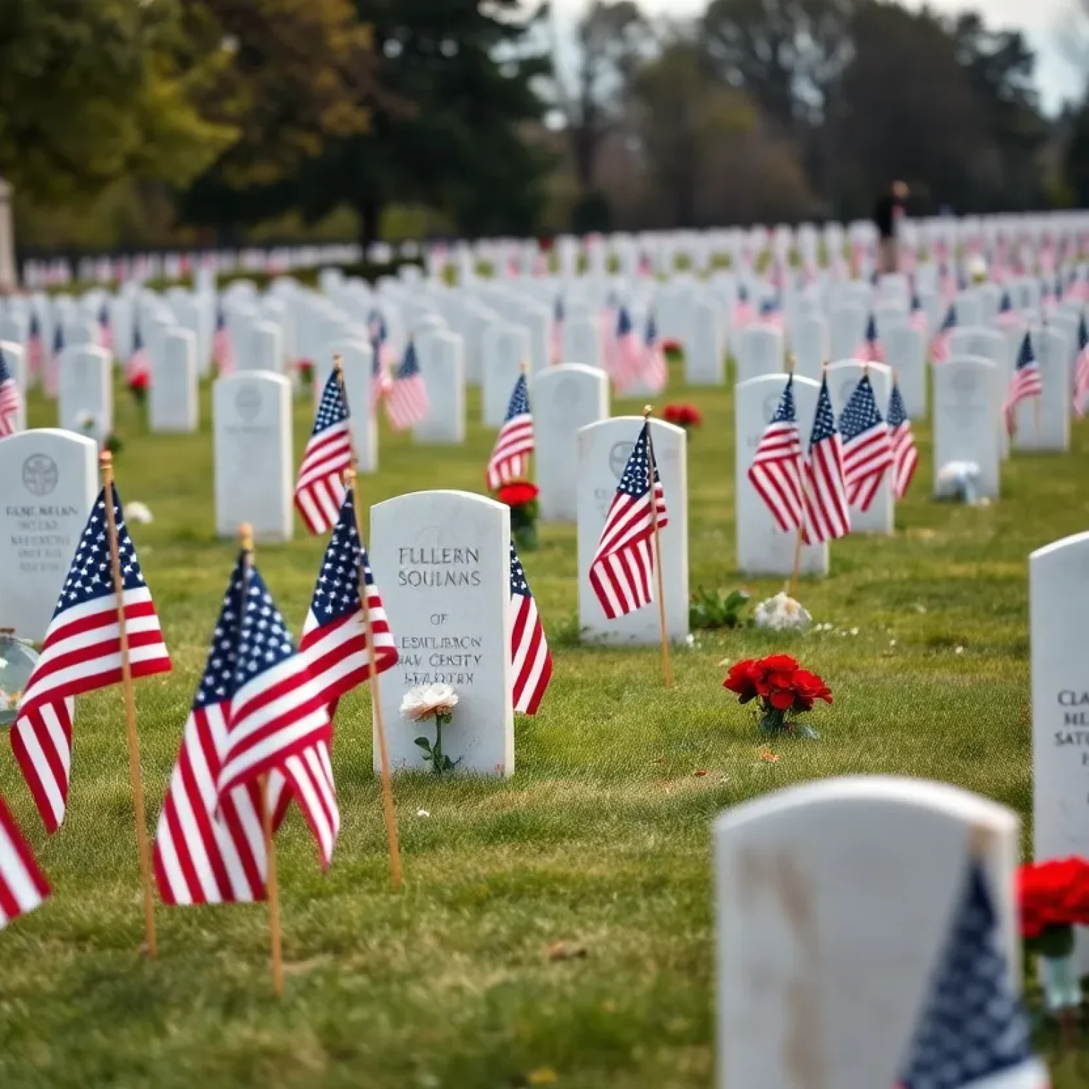 Cemetery honoring fallen heroes with flags and flowers