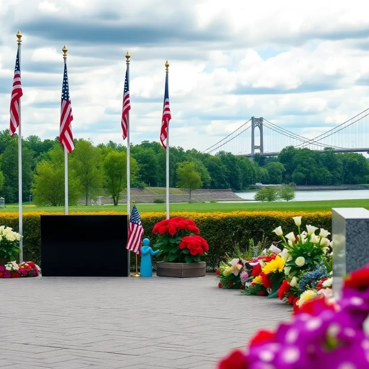 A memorial bridge adorned with flags and flowers representing fallen heroes.