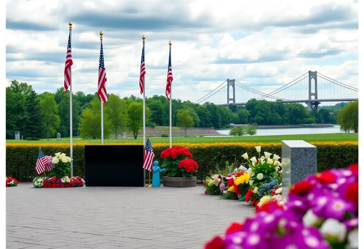 A memorial bridge adorned with flags and flowers representing fallen heroes.