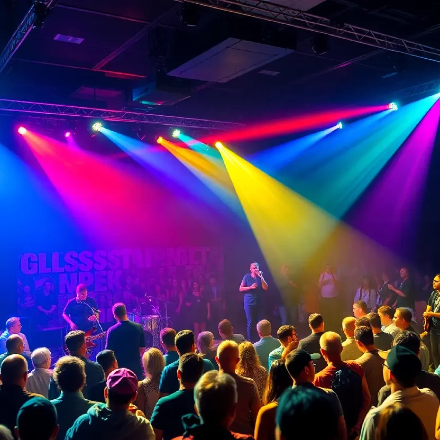 Concert scene with musicians performing blues music