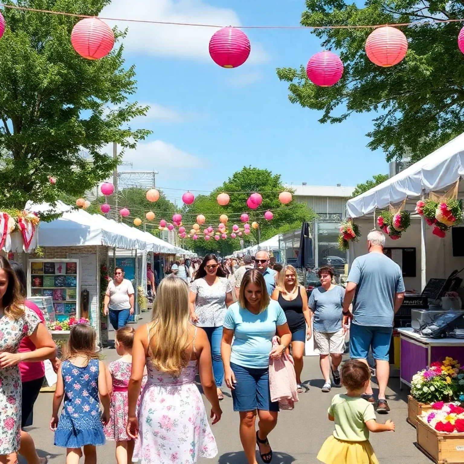 Families enjoying the Mother's Day festival with crafts and music in St. Petersburg.
