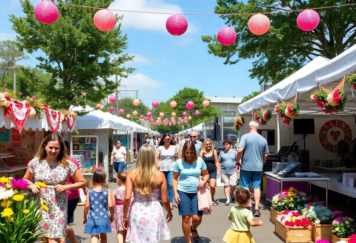 Families enjoying the Mother's Day festival with crafts and music in St. Petersburg.