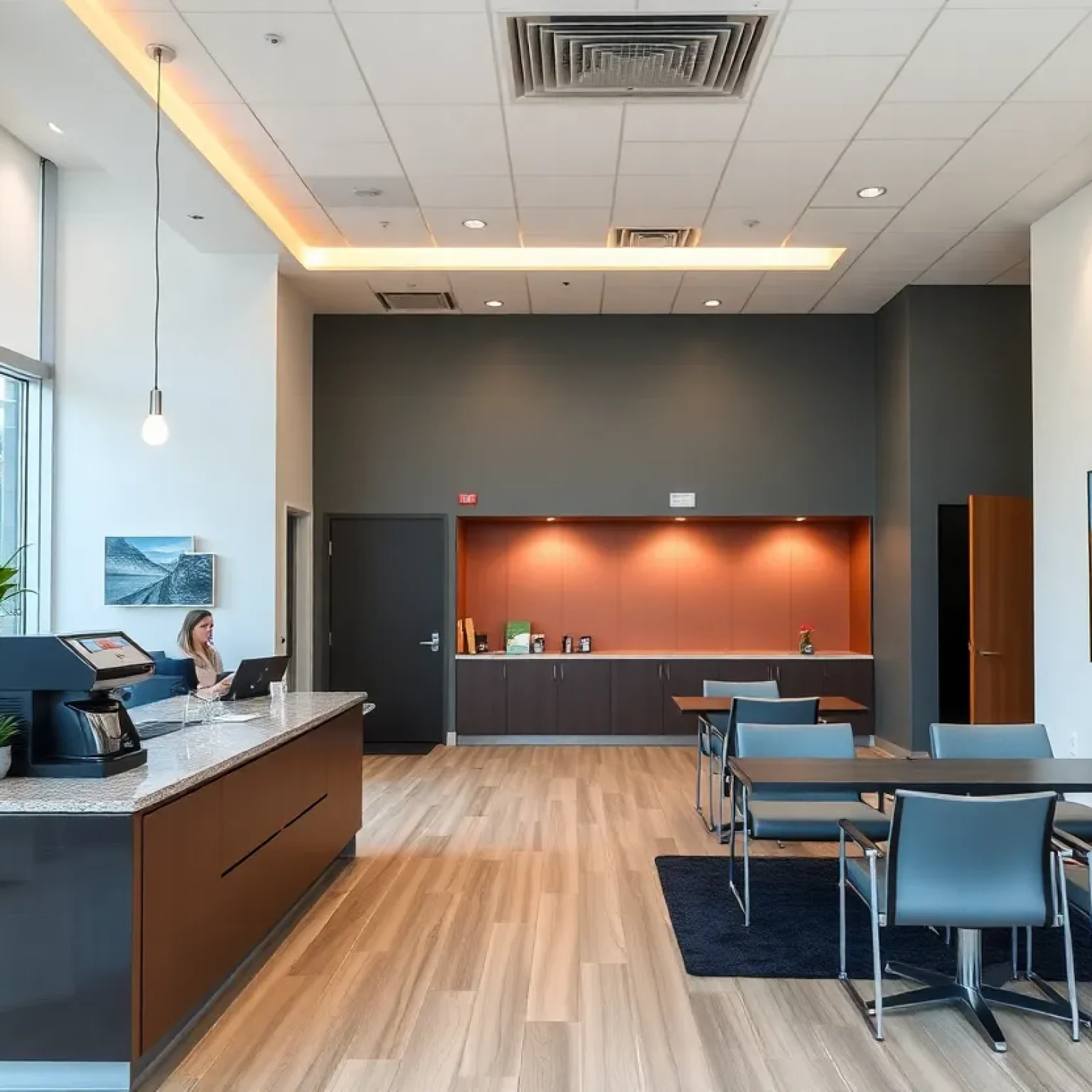 Interior of a modern bank branch featuring customer amenities and local artwork