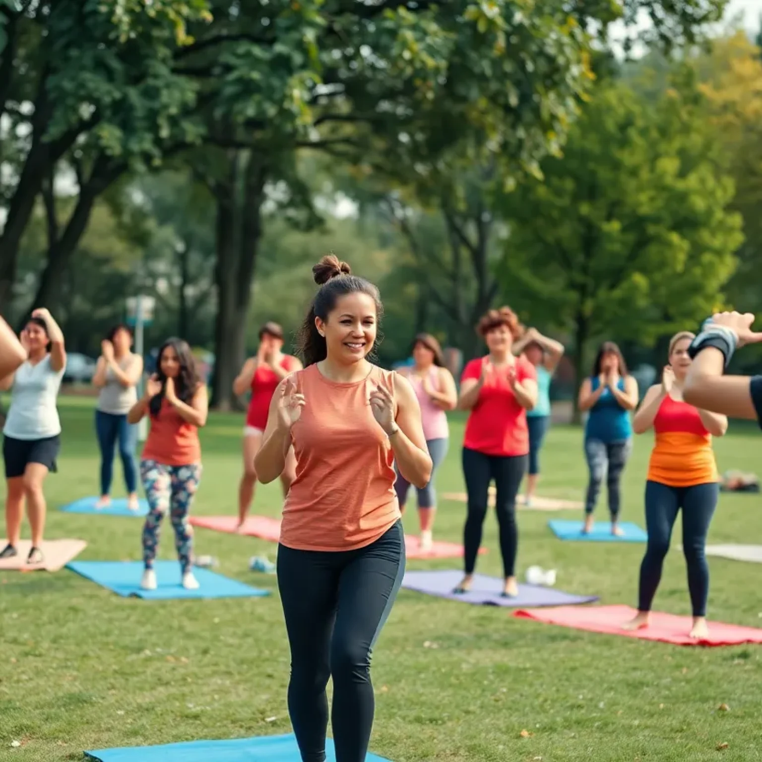 Community members participating in an outdoor fitness class in St. Petersburg park.