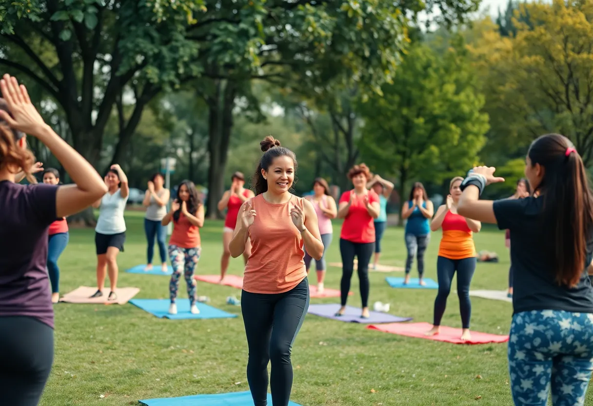 Community members participating in an outdoor fitness class in St. Petersburg park.