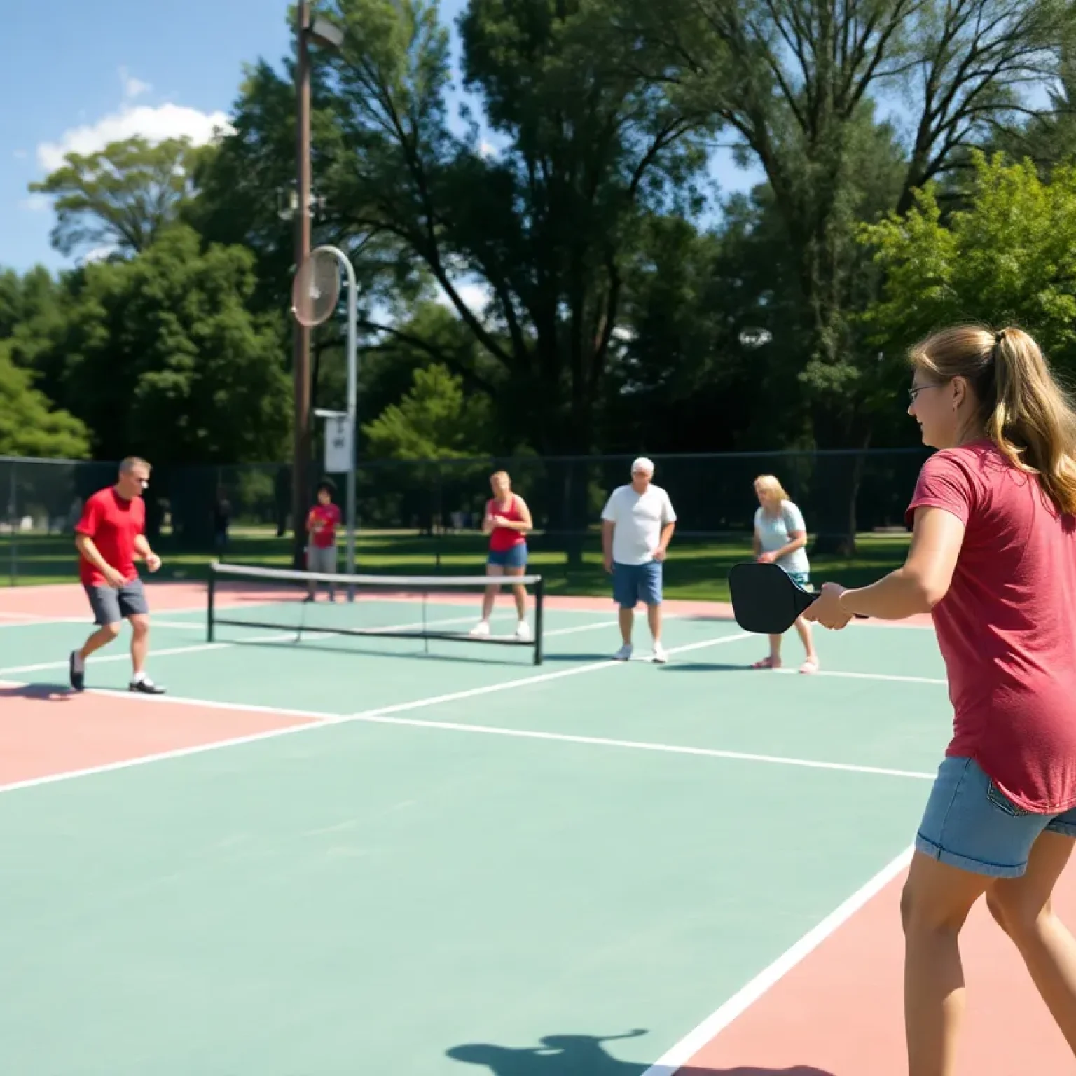 Players enjoying a game of pickleball on outdoor courts.