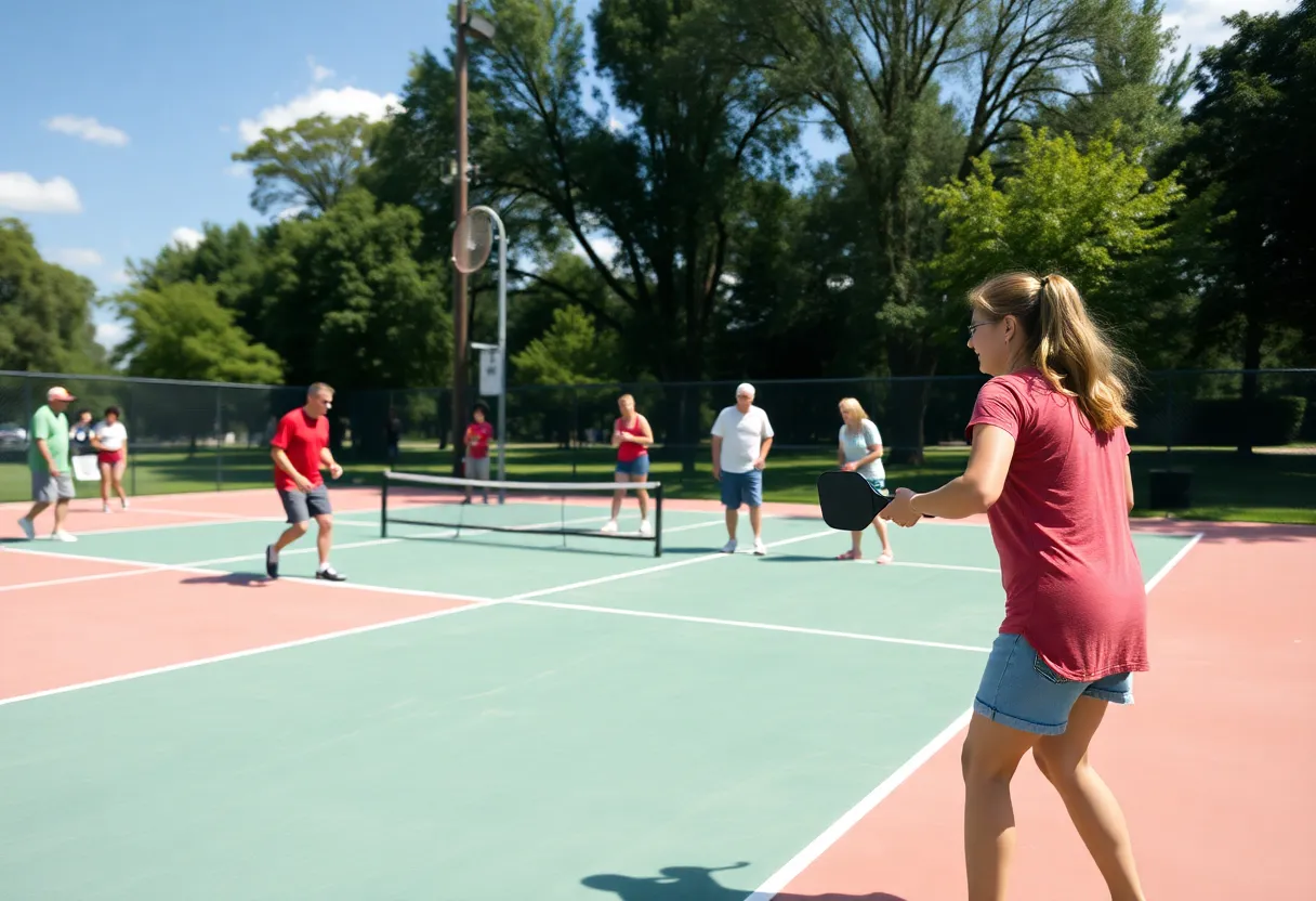 Players enjoying a game of pickleball on outdoor courts.