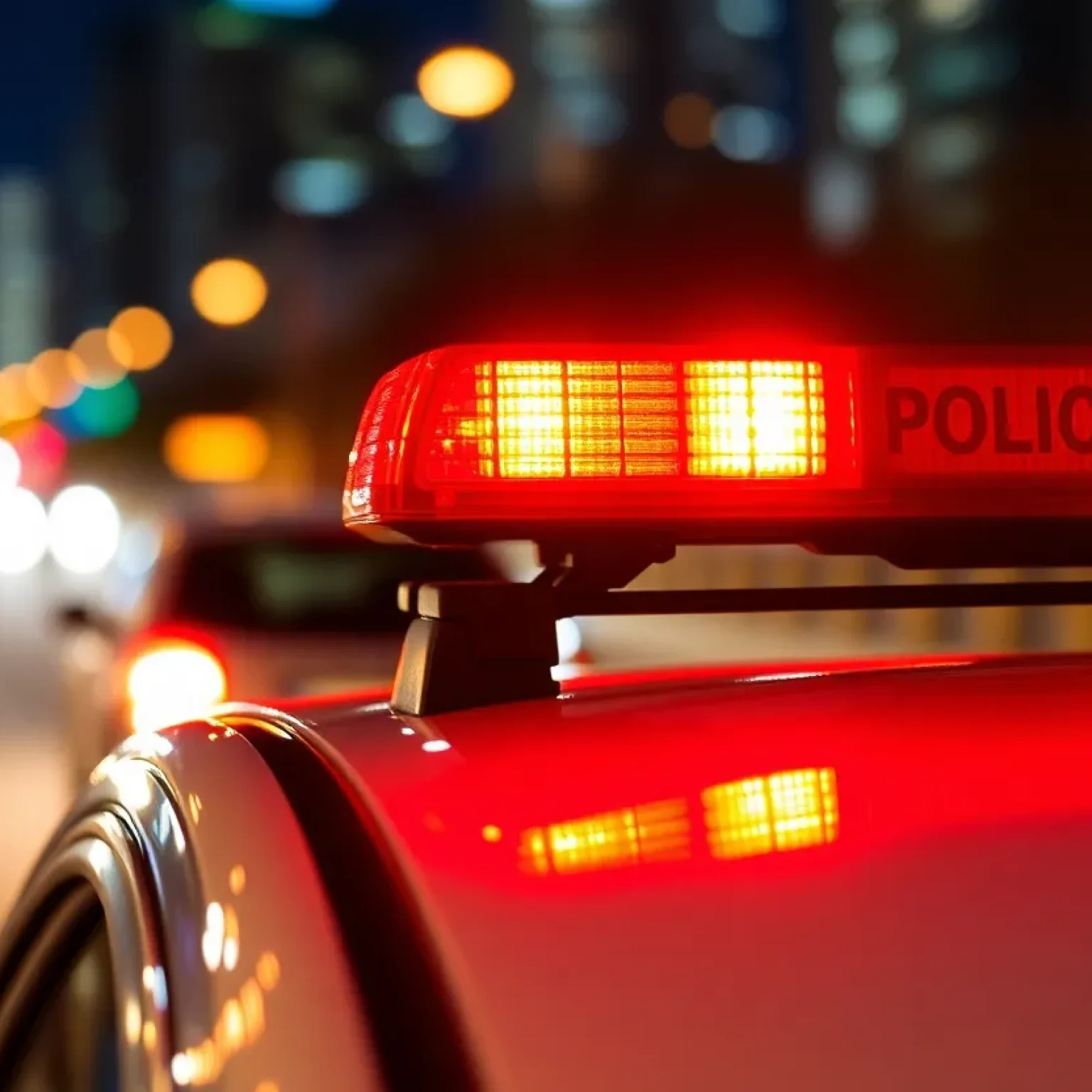Police car with emergency lights on during a night traffic stop