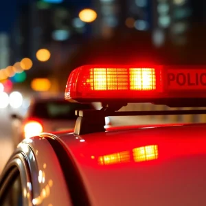 Police car with emergency lights on during a night traffic stop
