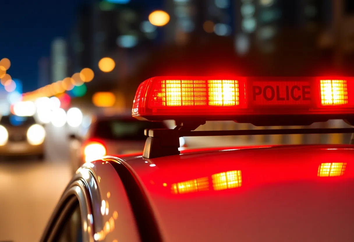 Police car with emergency lights on during a night traffic stop